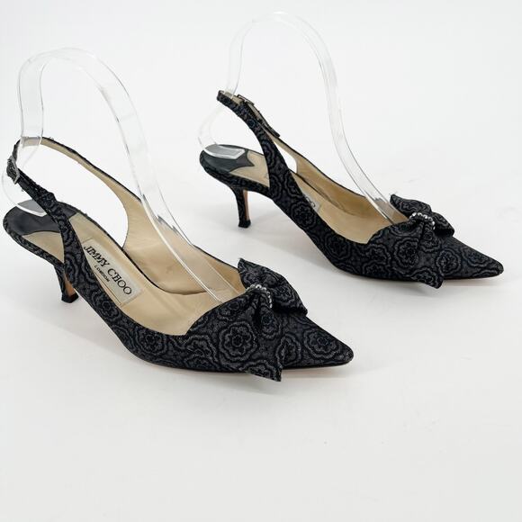 Jimmy Choo Shoes - Vintage Jimmy Choo Gray Bow Crystal Pointed Toe Slingback Kitten Heel size IT 37